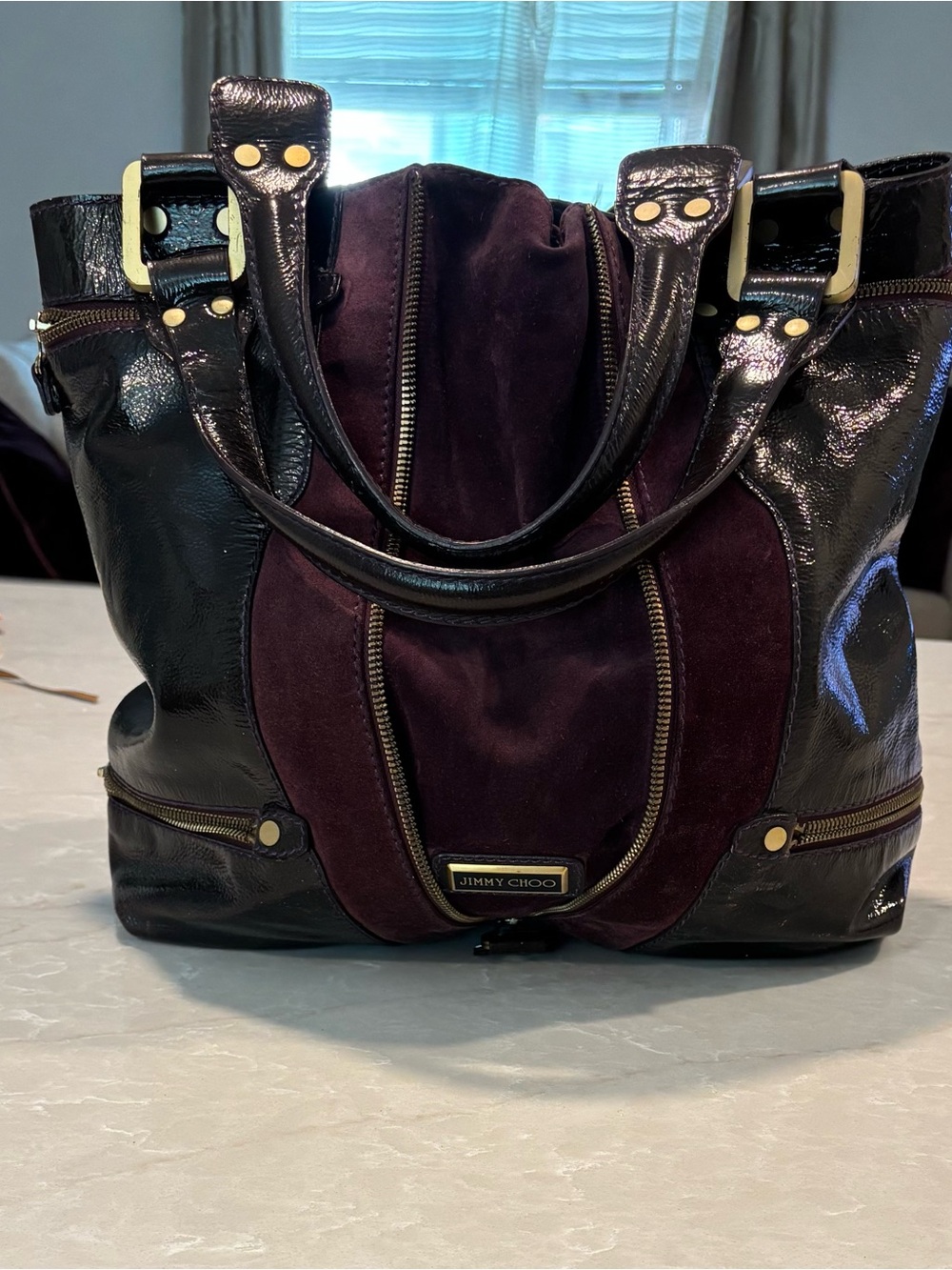 Jimmy Choo Black and Plum Suede-Panel Mona  Tote with Gold Hardware